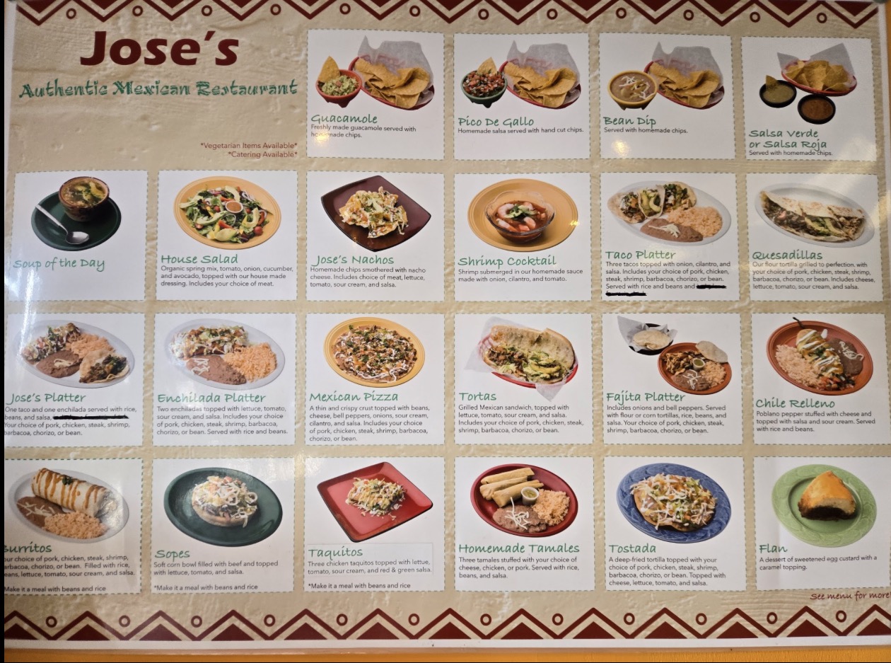 José’s in-store menu board showing the dishes listed above