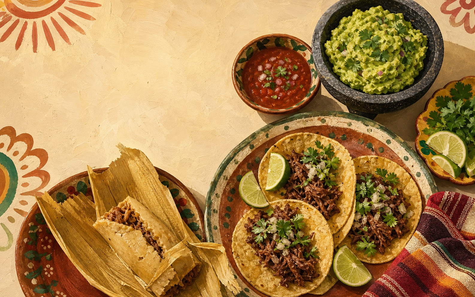 Original illustration of tacos, tamales, guacamole, salsa, and lime on a warm family table
